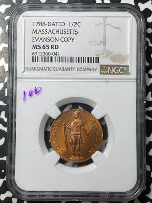 '1788' (1945) U.S. Massachusetts 1/2 Cent Evasion Token NGC MS65RD Lot#G8871