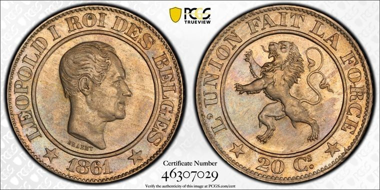 1861 Belgium 20 Centimes PCGS MS63 Lot#G2136 Choice UNC!