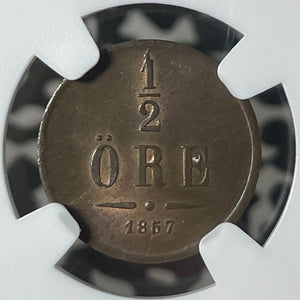 1857 Sweden 1/2 Ore NGC MS64BN Lot#G284 Choice UNC!