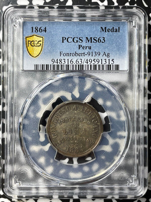 1864 Peru Latin American Congress Medal PCGS MS63 Lot#G7779 Silver! Choice UNC!