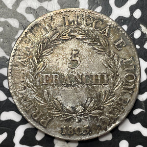 1805 Italy Lucca 5 Franchi Lot#JM7746 Large Silver! Nice! KM#24.1