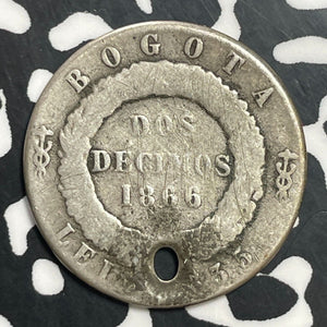 1866 Colombia Bogota 2 Decimos Lot#T0667 Silver! Holed