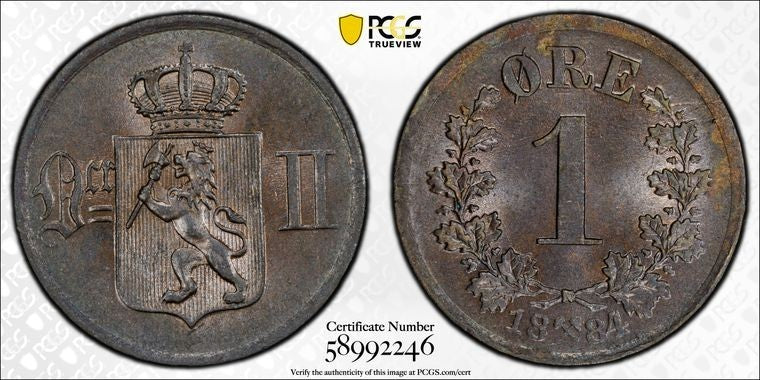1884 Norway 1 Ore PCGS MS63BN Lot#G3912 Choice UNC!