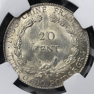 1925-A French Indo-China 20 Centimes NGC Cleaned-UNC Details Lot#G7473 Silver!