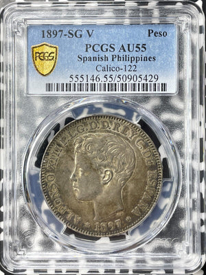 1897-SG V Spanish Philippines 1 Peso PCGS AU55 Lot#G9372 Silver! Calico-122