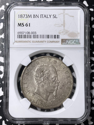 1873-M BN Italy 5 Lire NGC MS61 Lot#G9033 Large Silver! Nice UNC!