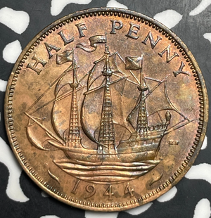 1944 Great Britain 1/2 Penny Half Penny Lot#T9055 High Grade! Beautiful!
