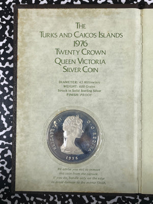 1976 Turks & Caicos Queen Victoria 20 Crowns Lot#B2603 Silver! W/ Case & C.O.A