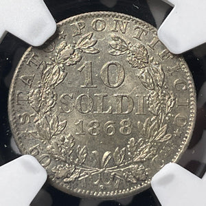 1868-R Papal States 10 Soldi NGC MS64 Lot#G8972 Silver! Choice UNC!