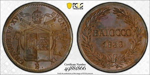 1839-B Papal States 1 Baiocco PCGS MS63BN Lot#G8242 Choice UNC! KM#1320