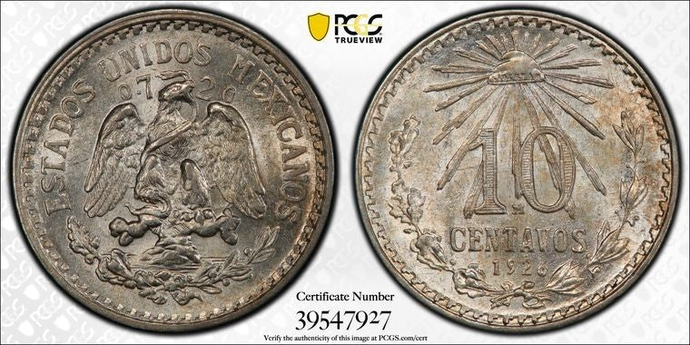 1926-Mo Mexico 10 Centavos PCGS MS63 Lot#G2085 Silver! Choice UNC!