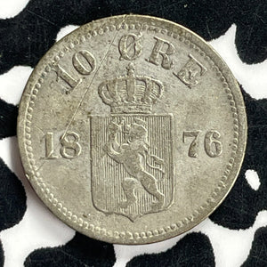 1876 Norway 10 Ore Lot#T9804 Silver!