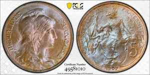 1907 France 5 Centimes PCGS MS63BN Lot#G8134 Choice UNC! Gad-165, F-119