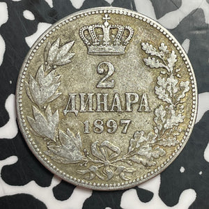 1897 Serbia 2 Dinara Lot#T2417 Silver!