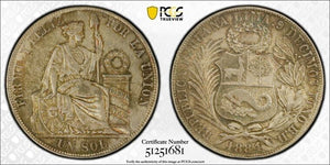 1884-BD Peru 1 Sol PCGS AU58 Lot#G9337 Silver!