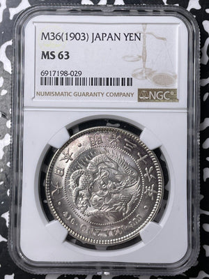 (1903) Year 36 Japan 1 Yen NGC MS63 Lot#G9488 Large Silver! Choice UNC!