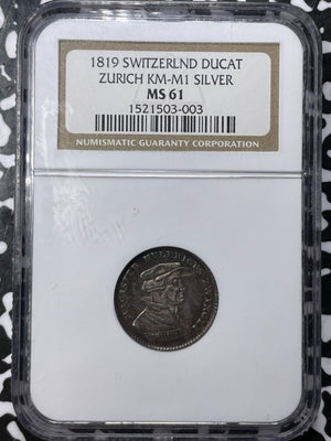 1819 Switzerland Zurich 1 Ducat NGC MS61 Lot#G7022 Silver! KM#M1