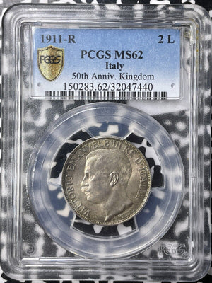 1911-R Italy 2 Lire PCGS MS62 Lot#G9406 Silver! Nice UNC! KM#52