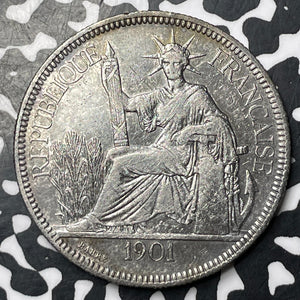 1901-A French Indo-China 1 Piastre Lot#MK158 Large Silver! Cleaned