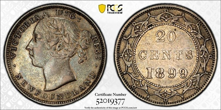 1899 Newfoundland 20 Cents PCGS XF45 Lot#G1516 Silver! Large '99'