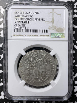 1623 Germany Wurttemberg 60 Kreuzer NGC Cleaned-XF Details Lot#G7476 Silver!