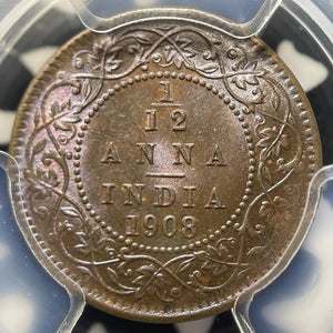 1908 India 1/12 Anna PCGS MS64BN Lot#G9242 Beautiful Toning! Choice UNC!