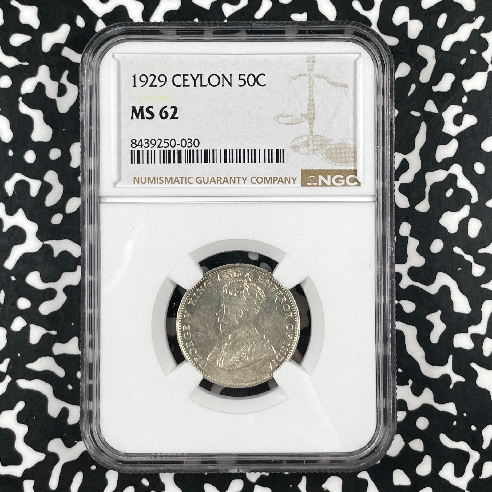 1929 Ceylon 50 Cents NGC MS62 Lot#G3364 Silver! Nice UNC!