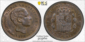 1878-OM Spain 5 Centimos PCGS MS65BN Lot#G9199 Gem BU! Top Graded!