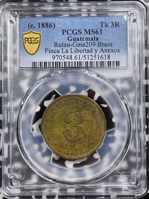 (c.1886) Guatemala 3 Reales Token PCGS MS61 Lot#G9205 Solo Top Graded! Brass