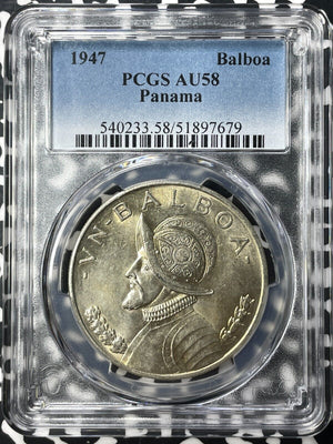 1947 Panama 1 Balboas PCGS AU58 (6 Available) (1 Coin Only) Silver!