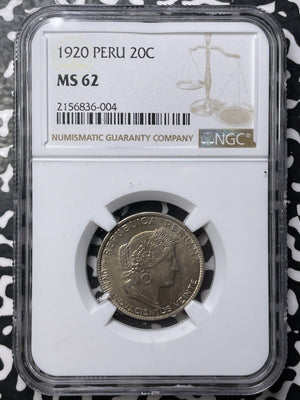 1920 Peru 20 Centavos NGC MS62 Lot#G8524 Nice UNC!