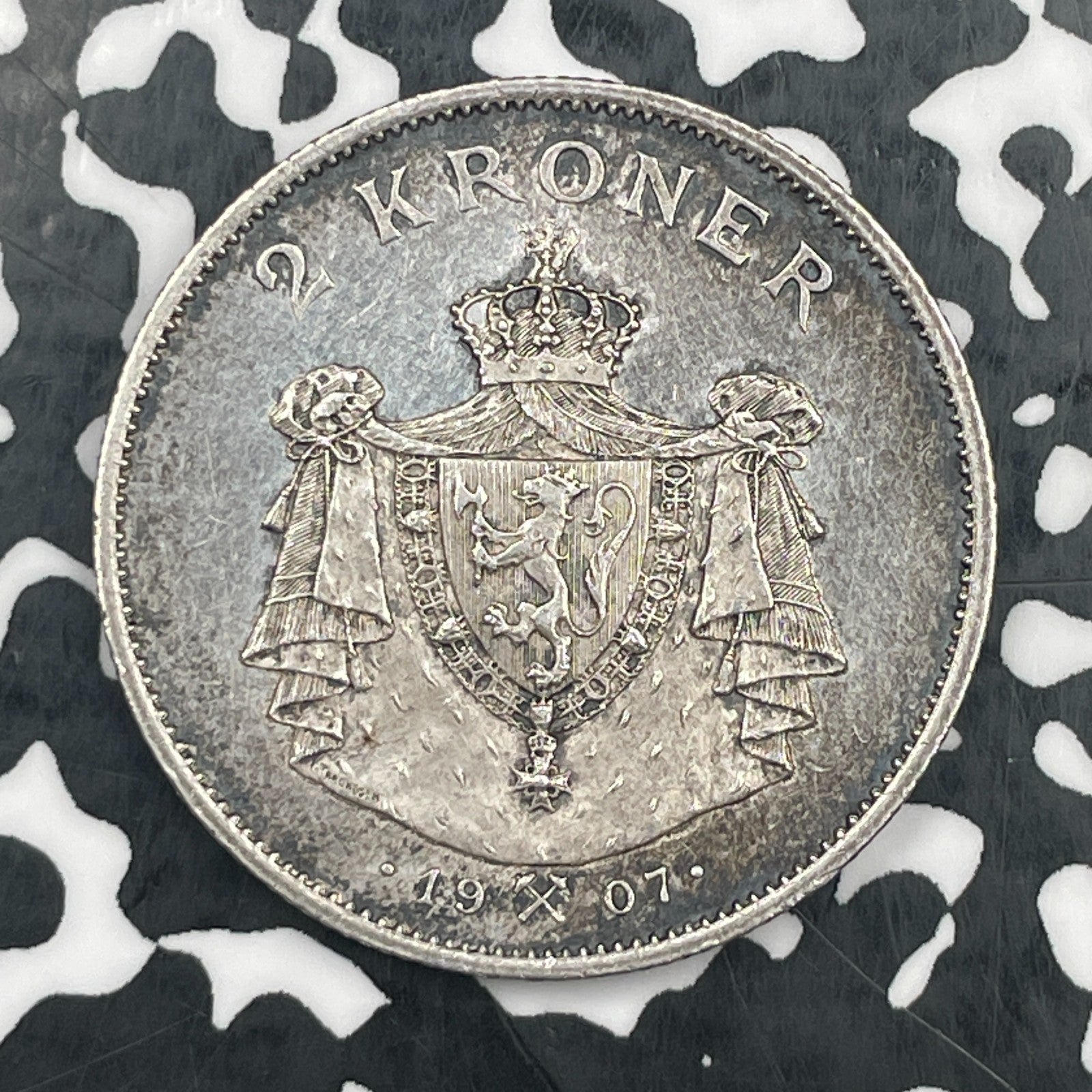 1907 Norway 2 Kroner Lot#JM2288 Silver! Nice Details, Old Cleaning