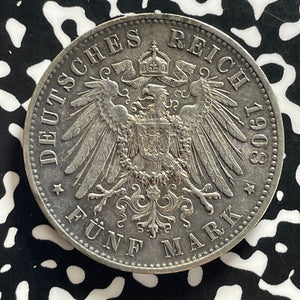 1908-F Germany Wurttemberg 5 Mark Lot#JM0140 Large Silver! Nice!