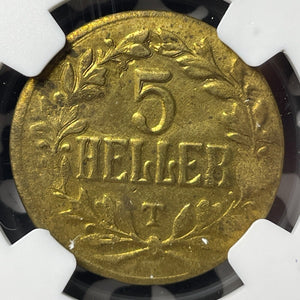 1916-T German East Africa 5 Heller NGC Cleaned-UNC Details Lot#G7599 Thin Flan