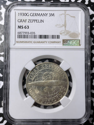 1930-G Germany Graf Zeppelin 3 Mark NGC MS63 Lot#G7045 Silver! Choice UNC!