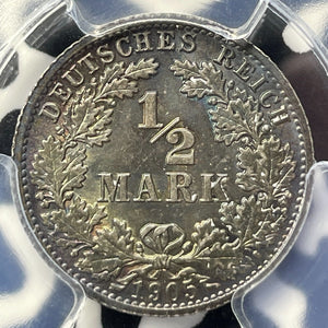 1905-A Germany 1/2 Mark PCGS MS65 Lot#G9342 Silver! Beautiful Toning! J-16