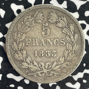 1833-W France 5 Francs Lot#T8315 Large Silver Coin!