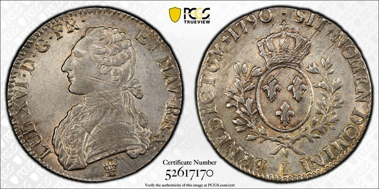 1790-I France 1 Ecu PCGS AU55 Lot#G1606 Large Silver! Gad-356