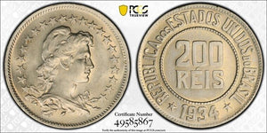 1934 Brazil 200 Reis PCGS MS65 Lot#G7542 Gem BU!