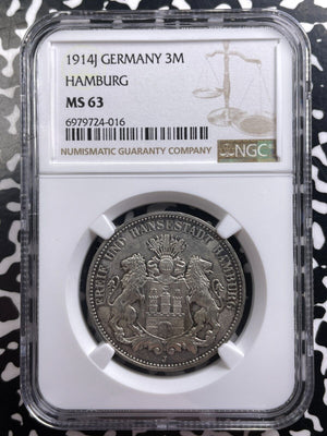 1914-J Germany Hamburg 3 Mark NGC MS63 Lot#G9137 Silver! Choice UNC!