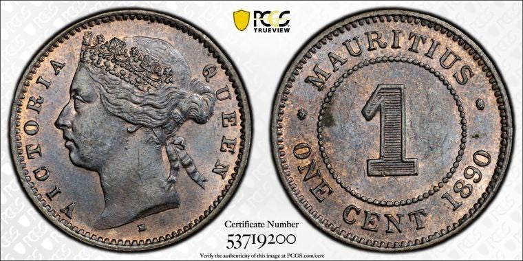 1890-H Mauritius 1 Cent PCGS MS63BN Lot#G3705 Choice UNC!