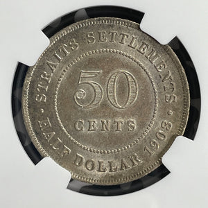 1908 Straits Settlements 50 Cents NGC MS62 Lot#G837 Silver! Nice UNC!