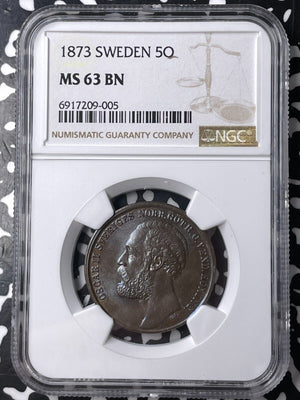 1873 Sweden 5 Ore NGC MS63BN Lot#G9571 Choice UNC!