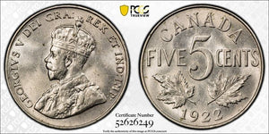 1922 Canada 5 Cents PCGS MS63 Lot#G974 Choice UNC! Near 'S'