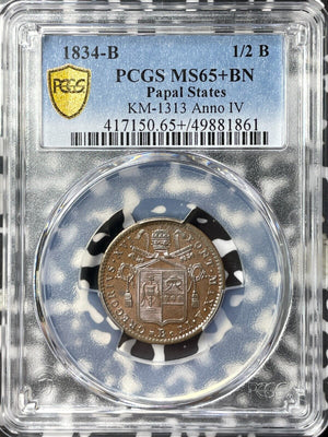 1834-B Papal States 1/2 Baiocco PCGS MS65+BN Lot#G8237 Solo Top Graded! KM#1313