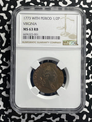 1773 U.S. Colonial Virginia 1/2 Penny NGC MS63RB Lot#G954 Choice UNC! W/ Period