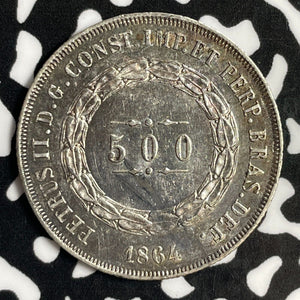 1864 Brazil 500 Reis Lot#E1586 Silver! High Grade! Beautiful!