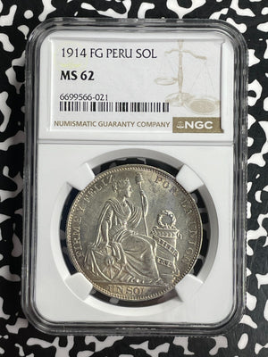 1914-FG Peru 1 Sol NGC MS62 Lot#G834 Large Silver! Nice UNC!
