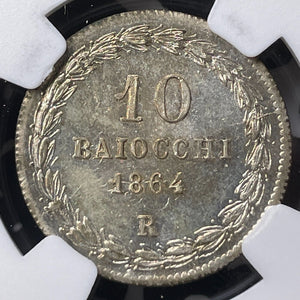 1864-R Papal States 10 Baiocchi NGC MS63 Lot#G9029 Silver! Choice UNC!