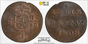 1808 Netherlands East Indies 1/2 Duit PCGS MS63BN Lot#G8223 Choice UNC! KM#75